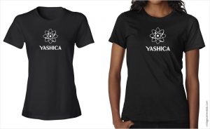 Yashica vintage logo women's black t-shirt at Vintage Camera Lab