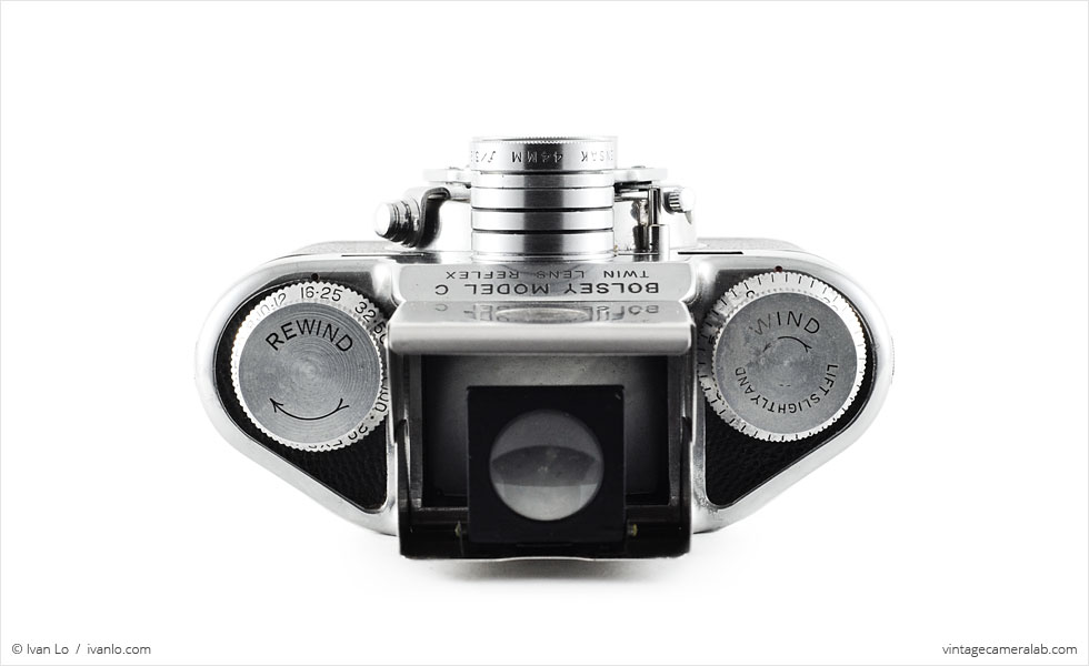 Bolsey Model C (top view, viewfinder open, magnifier engaged)