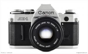 Canon AE-1 (front view, with Canon FD 50mm f/1.8)
