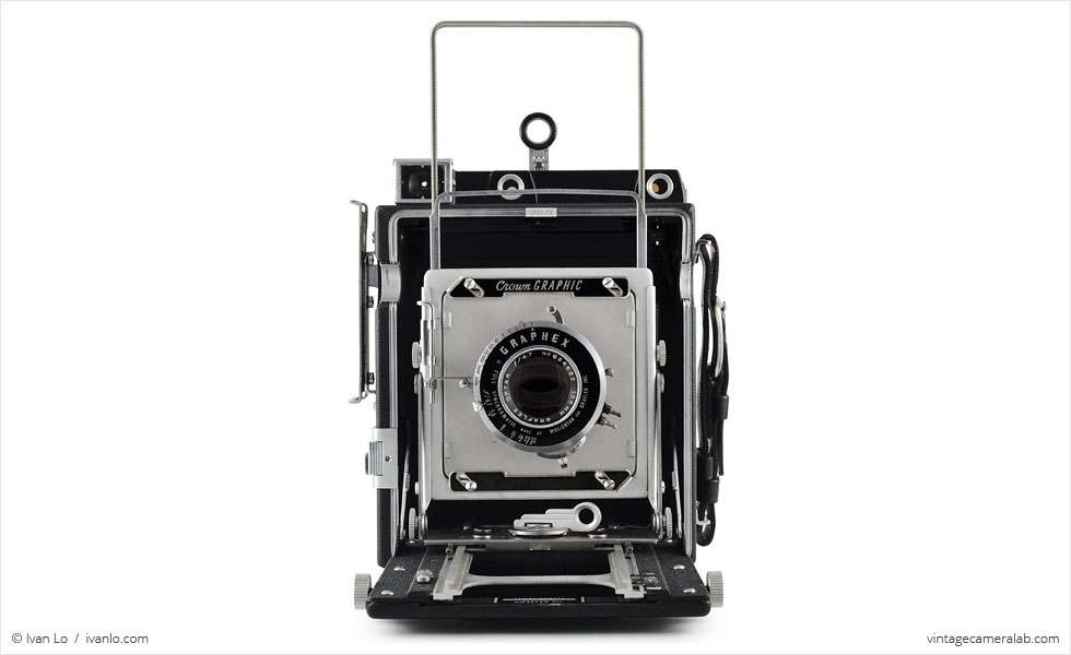 Graflex Crown Graphic (front view, peep finder and wire frame finder up)
