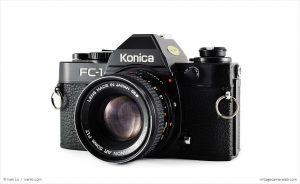 Konica FC-1 (three quarters, with Konica Hexanon 50mm f/1.7)