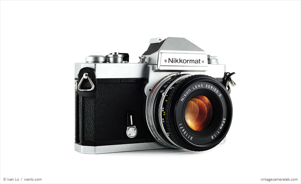 Nikon Nikkormat FT3 (three quarters, with Nikkor 50mm f/1.8 lens)