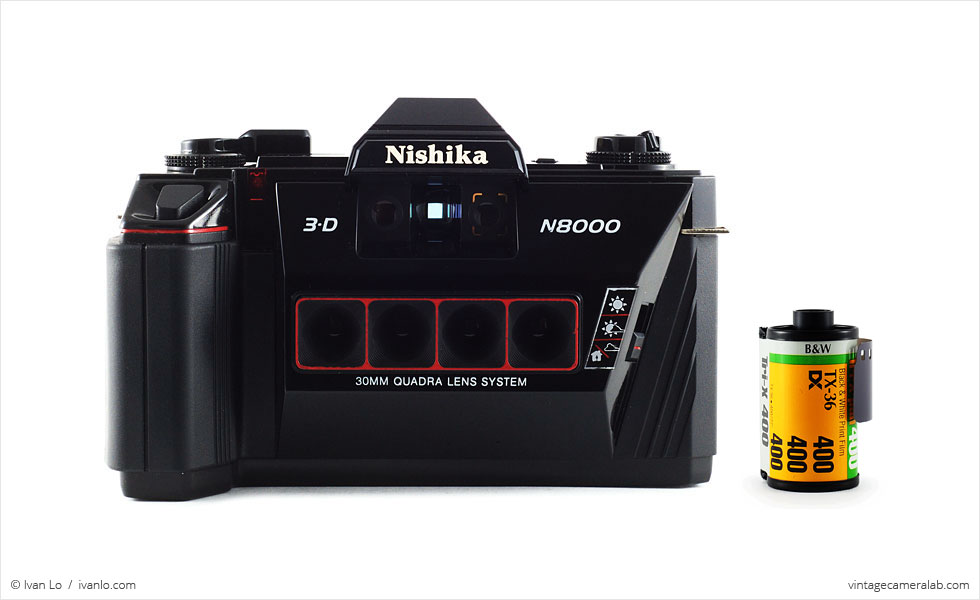 Nishika 3D N8000 (with 35mm cassette for scale)