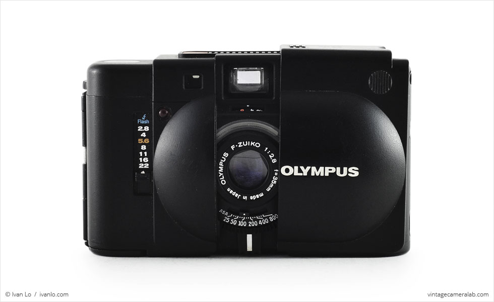 Olympus XA (front view, open)