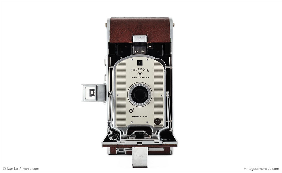 Polaroid Land Model 95A (front view, open, viewfinder up)